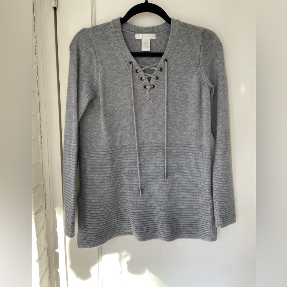 Design History Grey Tie Front Knit Sweater Pullover